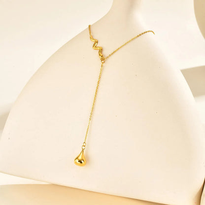 18K Gold Snake & Teardrop Lariat Necklace | 45+5cm Adjustable Chain | 6.3x30mm Snake + 9.3x16.6mm Teardrop | Wholesale (MOQ 12)