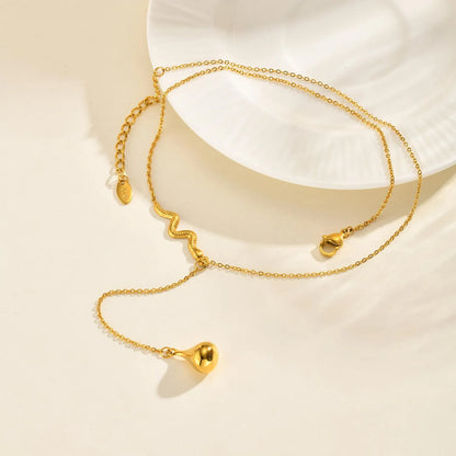 18K Gold Snake & Teardrop Lariat Necklace | 45+5cm Adjustable Chain | 6.3x30mm Snake + 9.3x16.6mm Teardrop | Wholesale (MOQ 12)