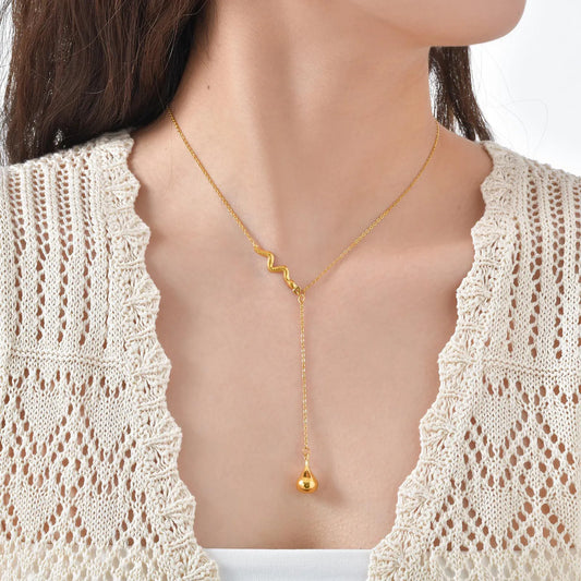 18K Gold Snake & Teardrop Lariat Necklace | 45+5cm Adjustable Chain | 6.3x30mm Snake + 9.3x16.6mm Teardrop | Wholesale (MOQ 12)