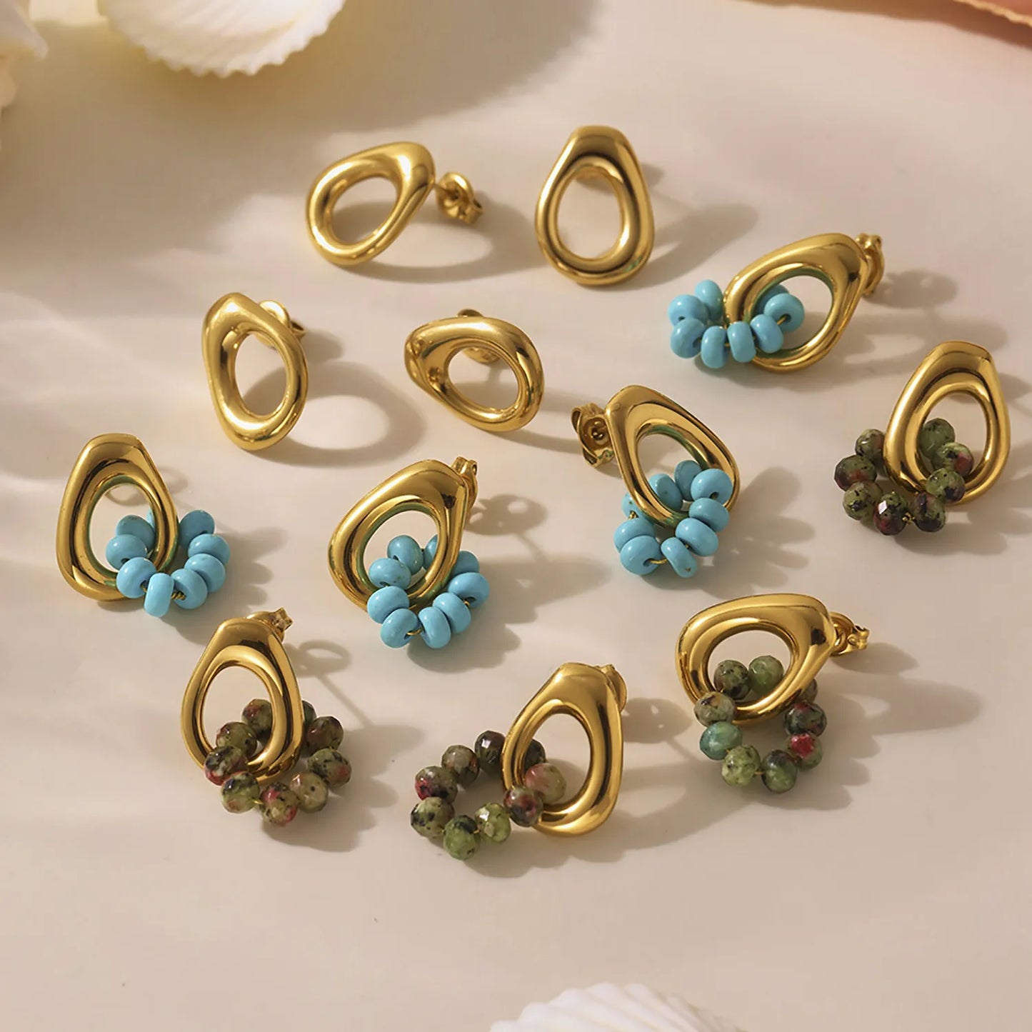 18K Gold Organic Hoop Earrings Collection (3 Styles: Solid + Beaded Accents) | 12x17mm Statement Design | Wholesale Bulk (MOQ 12)