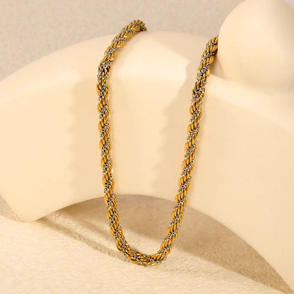 Two-Tone Double Layer Thick Rope Chain Choker Necklace | Adjustable Length 45+5cm | Mixed Silver Detail Twisted Rope Chain | Wholesale MOQ 12