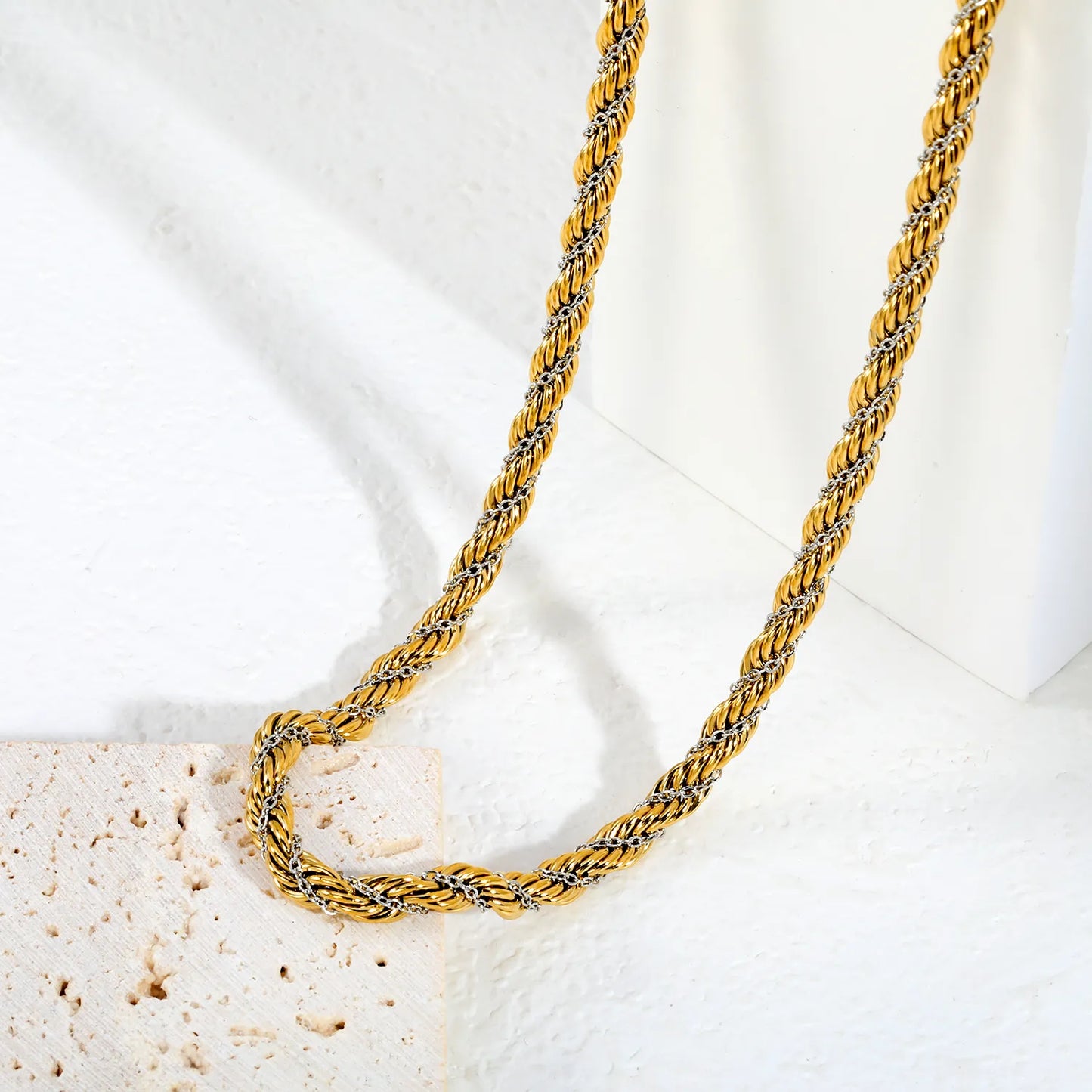 Two-Tone Double Layer Thick Rope Chain Choker Necklace | Adjustable Length 45+5cm | Mixed Silver Detail Twisted Rope Chain | Wholesale MOQ 12