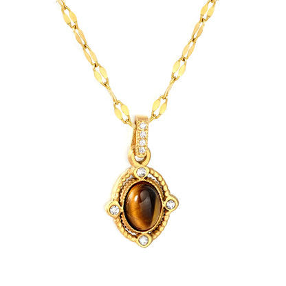 Vintage Oval Natural Tiger Eye Stone & CZ Accent Pendant Necklace | Length 42+5cm | Wholesale MOQ 12