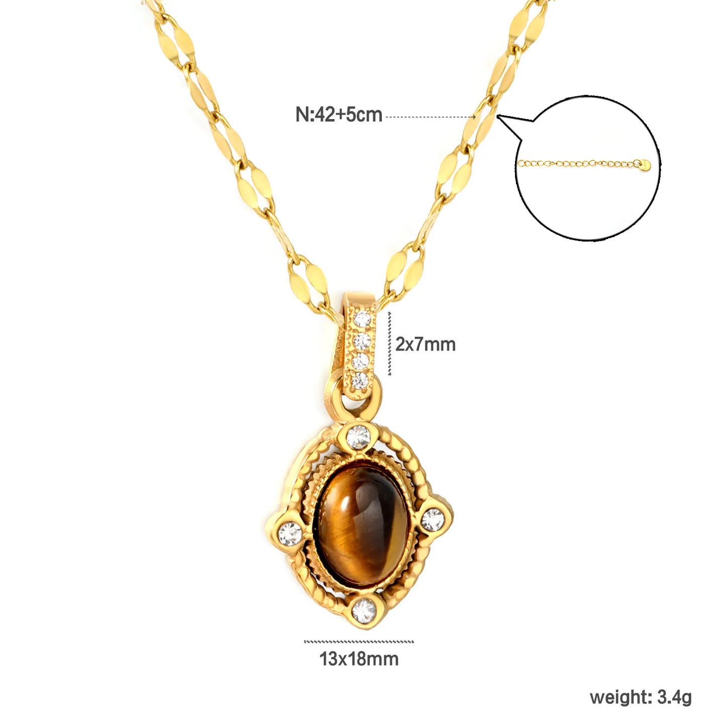 Vintage Oval Natural Tiger Eye Stone & CZ Accent Pendant Necklace | Length 42+5cm | Wholesale MOQ 12