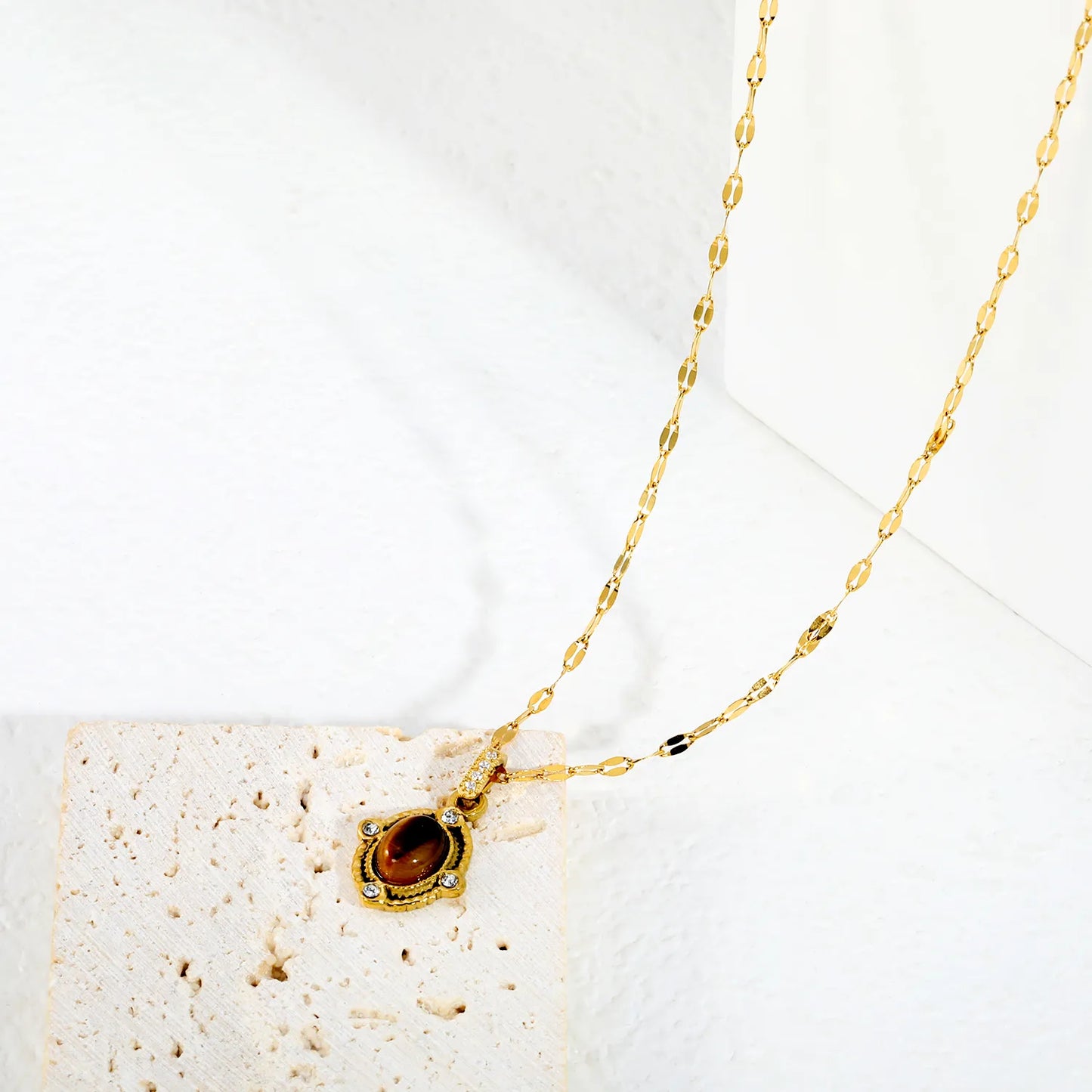 Vintage Oval Natural Tiger Eye Stone & CZ Accent Pendant Necklace | Length 42+5cm | Wholesale MOQ 12
