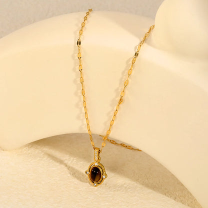 Vintage Oval Natural Tiger Eye Stone & CZ Accent Pendant Necklace | Length 42+5cm | Wholesale MOQ 12
