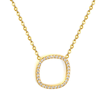 Adjustable Open Rounded Square Full Pave CZ Pendant Necklace 40+5cm | 18K Gold Plated Stainless Steel Dainty Cable Chain Necklace | Wholesale MOQ 12