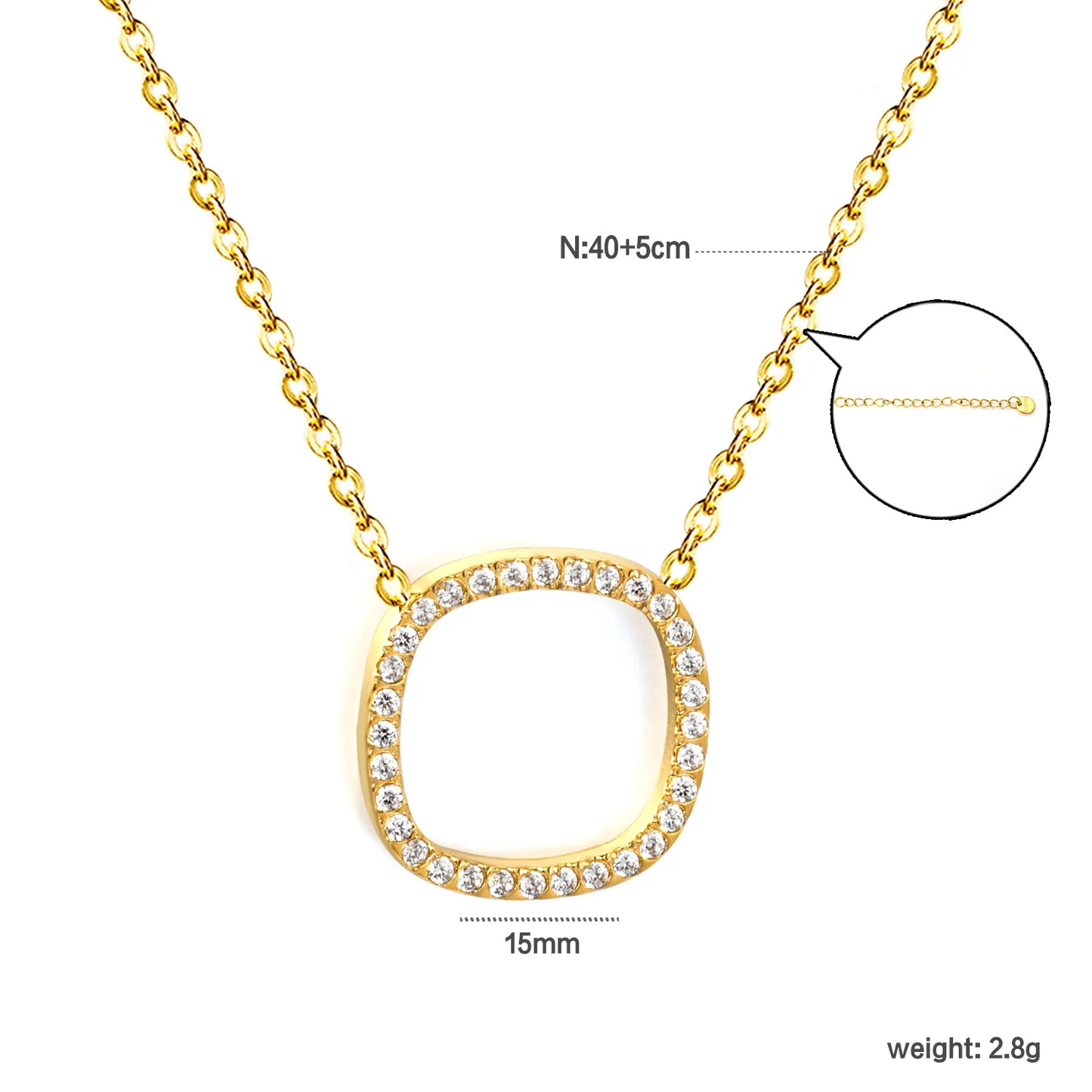 Adjustable Open Rounded Square Full Pave CZ Pendant Necklace 40+5cm | 18K Gold Plated Stainless Steel Dainty Cable Chain Necklace | Wholesale MOQ 12