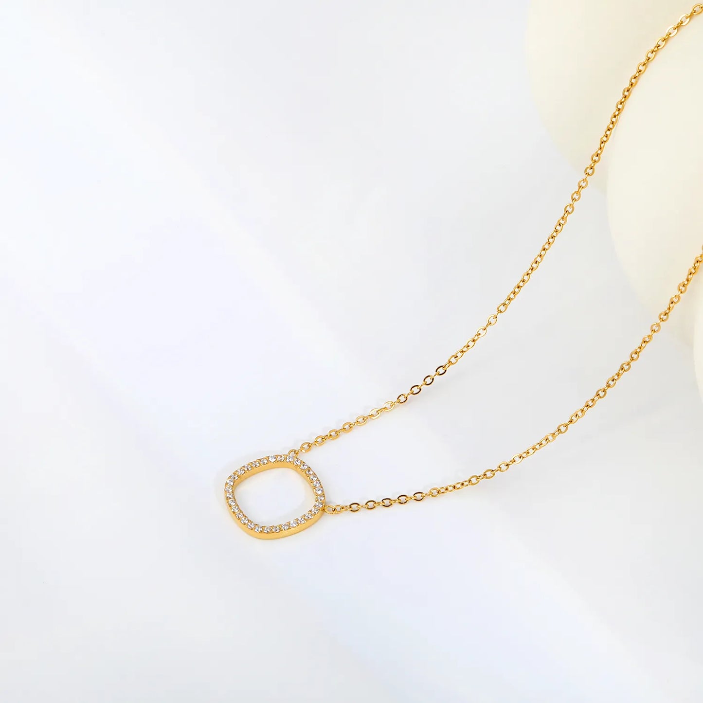 Adjustable Open Rounded Square Full Pave CZ Pendant Necklace 40+5cm | 18K Gold Plated Stainless Steel Dainty Cable Chain Necklace | Wholesale MOQ 12