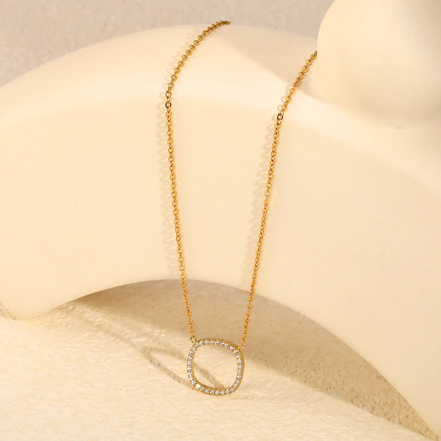 Adjustable Open Rounded Square Full Pave CZ Pendant Necklace 40+5cm | 18K Gold Plated Stainless Steel Dainty Cable Chain Necklace | Wholesale MOQ 12