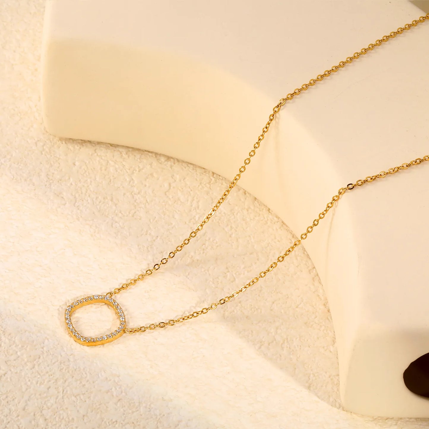 Adjustable Open Rounded Square Full Pave CZ Pendant Necklace 40+5cm | 18K Gold Plated Stainless Steel Dainty Cable Chain Necklace | Wholesale MOQ 12