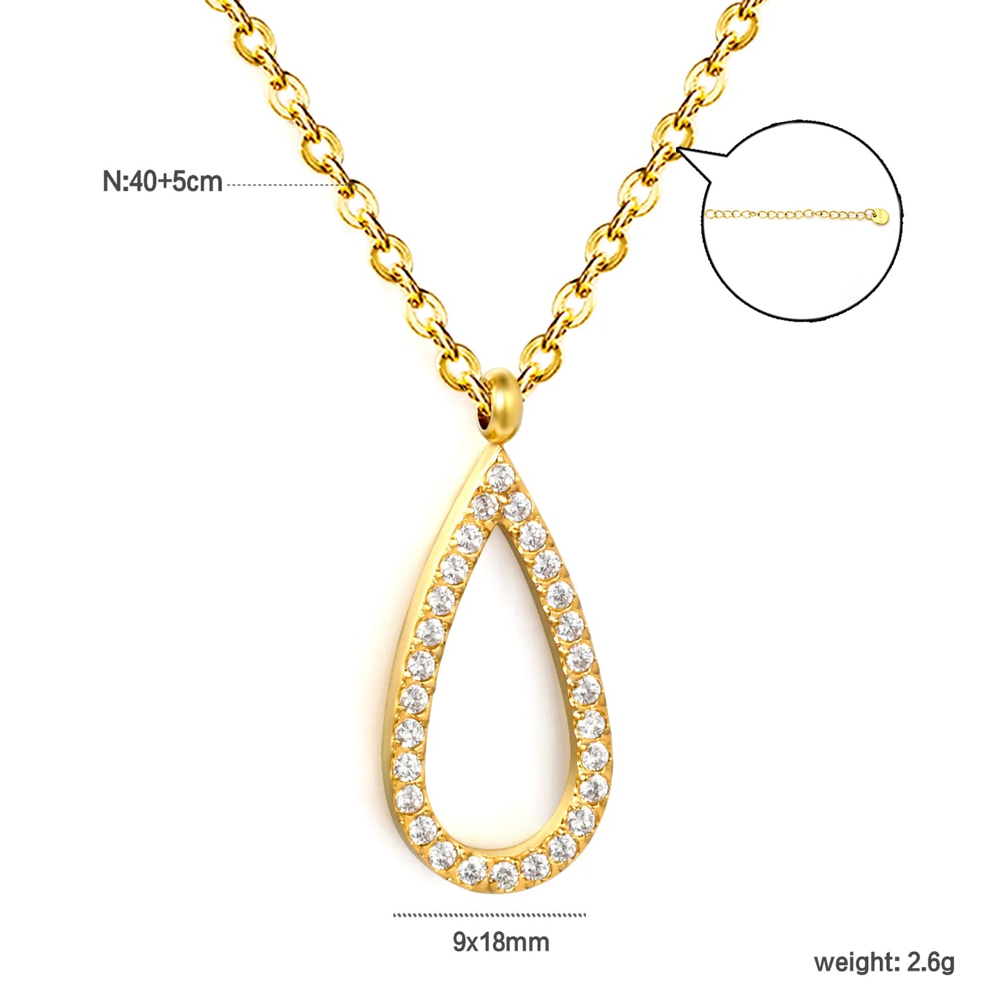 Hollow Teardrop Full Pave CZ Pendant Necklace | Adjustable 40+5cm | Wholesale MOQ 12