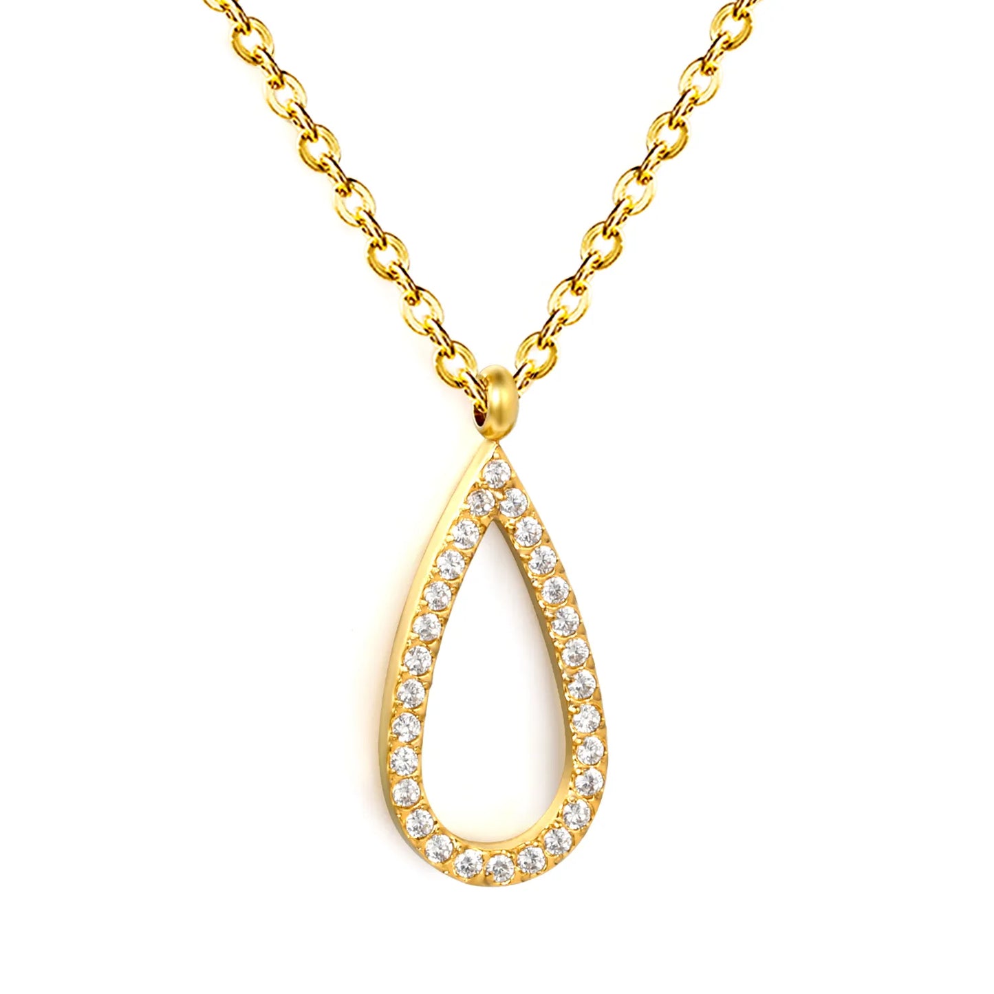 Hollow Teardrop Full Pave CZ Pendant Necklace | Adjustable 40+5cm | Wholesale MOQ 12