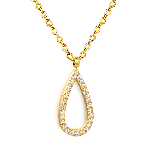 Hollow Teardrop Full Pave CZ Pendant Necklace | Adjustable 40+5cm | Wholesale MOQ 12