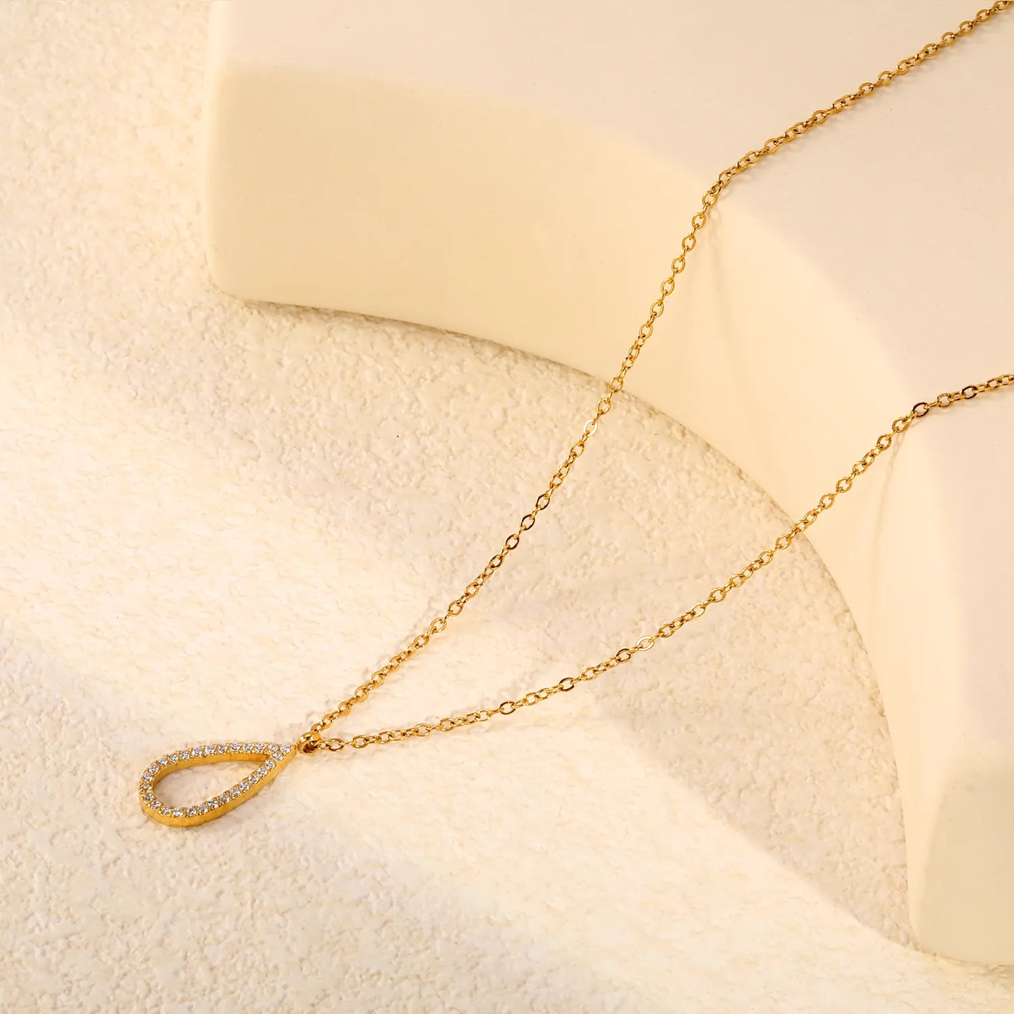Hollow Teardrop Full Pave CZ Pendant Necklace | Adjustable 40+5cm | Wholesale MOQ 12