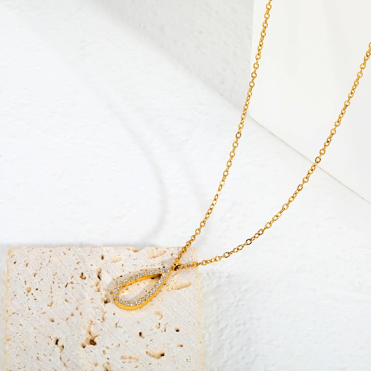 Hollow Teardrop Full Pave CZ Pendant Necklace | Adjustable 40+5cm | Wholesale MOQ 12