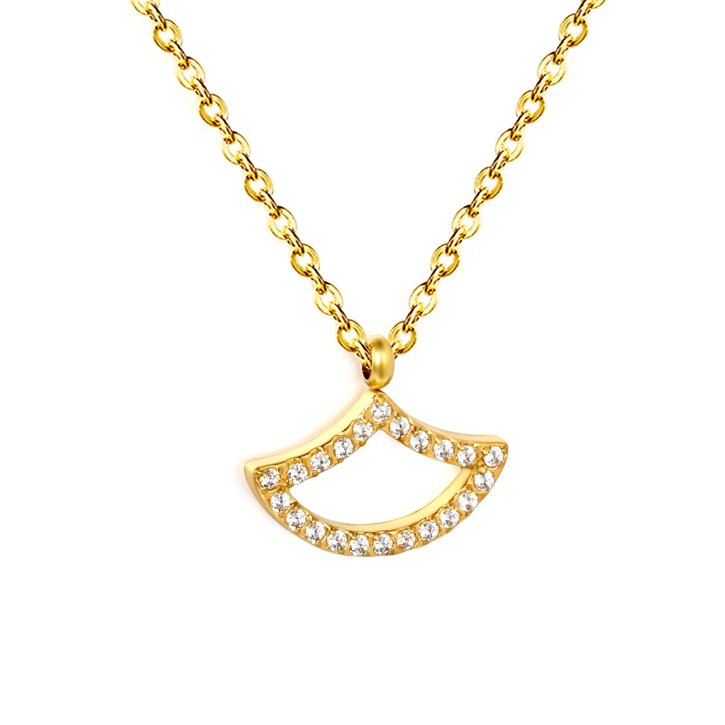Adjustable Curved Fan Shape Pave CZ Pendant Necklace | Length 40+5cm | 18K Gold Plated Stainless Steel | Wholesale MOQ 12