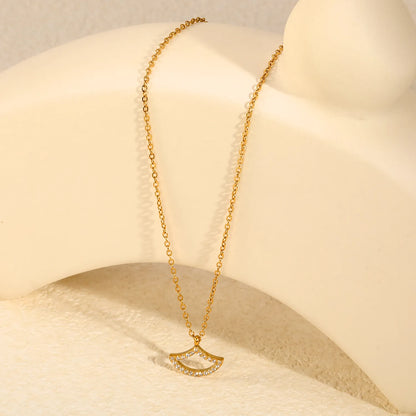 Adjustable Curved Fan Shape Pave CZ Pendant Necklace | Length 40+5cm | 18K Gold Plated Stainless Steel | Wholesale MOQ 12