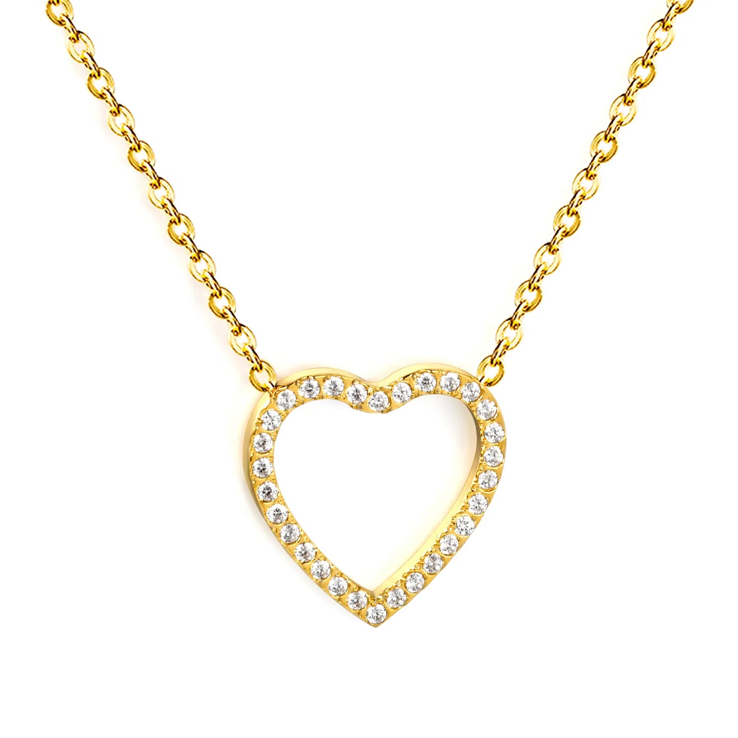18K Gold Plated Stainless Steel Heart Pendant Necklace | Hollow Outline Paved CZ | Adjustable 40+5cm  | Wholesale MOQ 12