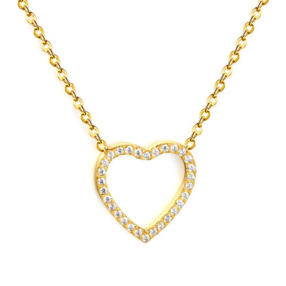 18K Gold Plated Stainless Steel Heart Pendant Necklace | Hollow Outline Paved CZ | Adjustable 40+5cm  | Wholesale MOQ 12