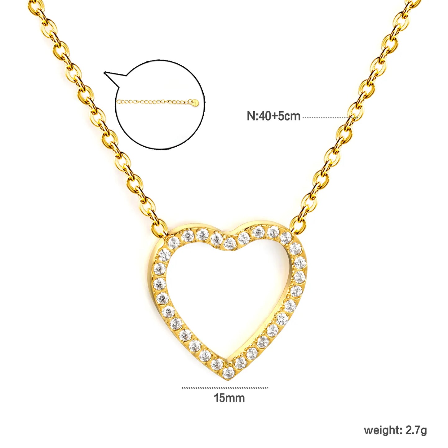 18K Gold Plated Stainless Steel Heart Pendant Necklace | Hollow Outline Paved CZ | Adjustable 40+5cm  | Wholesale MOQ 12