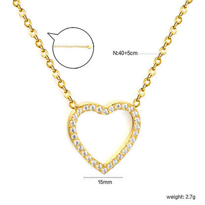 18K Gold Plated Stainless Steel Heart Pendant Necklace | Hollow Outline Paved CZ | Adjustable 40+5cm  | Wholesale MOQ 12