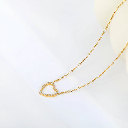 18K Gold Plated Stainless Steel Heart Pendant Necklace | Hollow Outline Paved CZ | Adjustable 40+5cm  | Wholesale MOQ 12