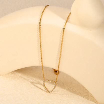 18K Gold Plated Stainless Steel Heart Pendant Necklace | Hollow Outline Paved CZ | Adjustable 40+5cm  | Wholesale MOQ 12