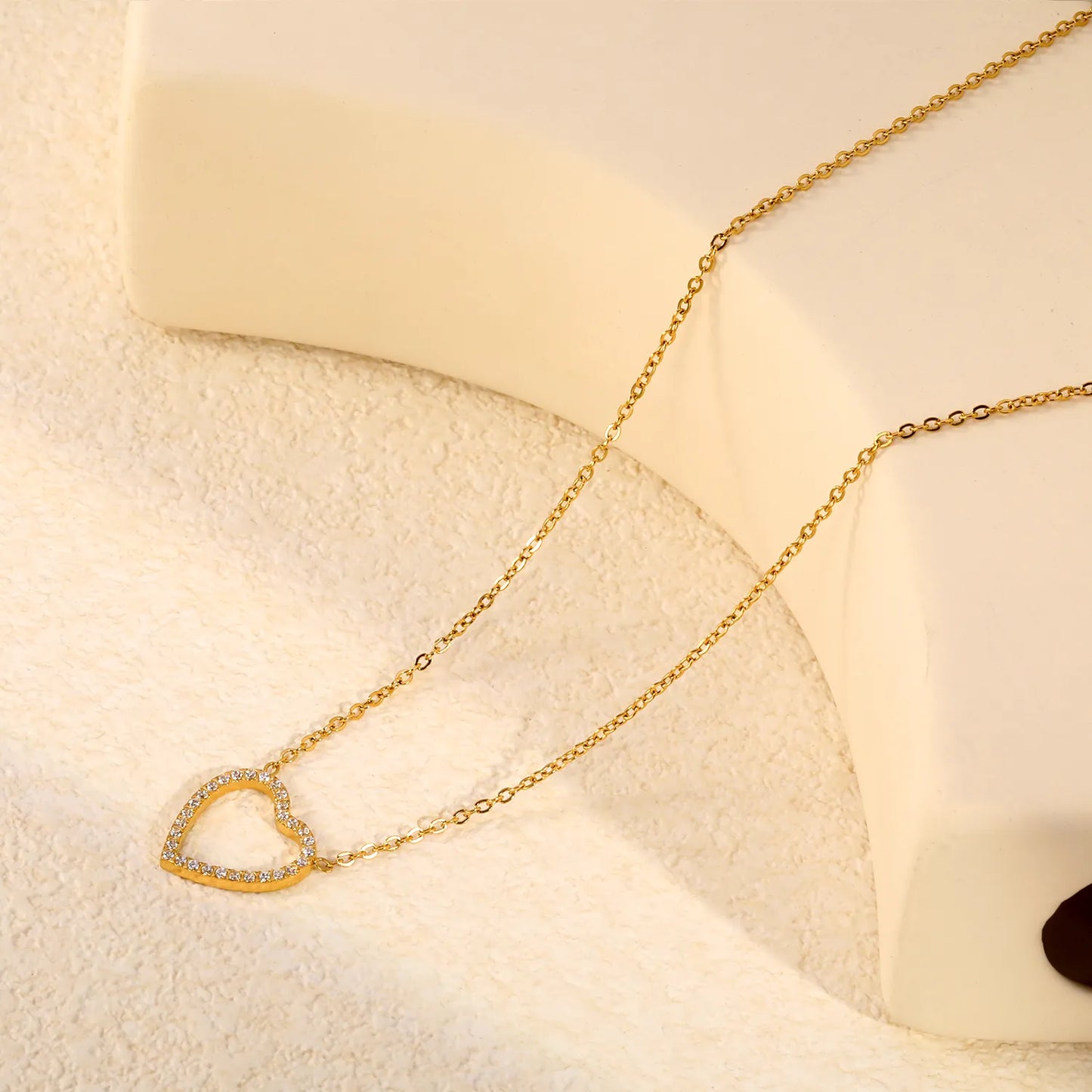 18K Gold Plated Stainless Steel Heart Pendant Necklace | Hollow Outline Paved CZ | Adjustable 40+5cm  | Wholesale MOQ 12