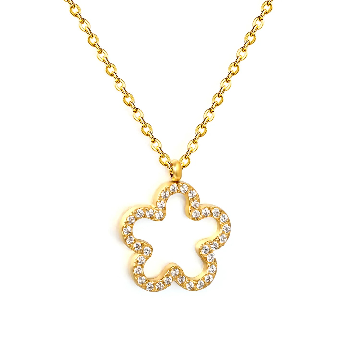 Hollow Pave CZ Four-Leaf Clover Pendant Necklace | 18K Gold Plated Stainless Steel Necklace | Adjustable 40+5cm | 18K Gold Plated Stainless Steel | Wholesale MOQ 12