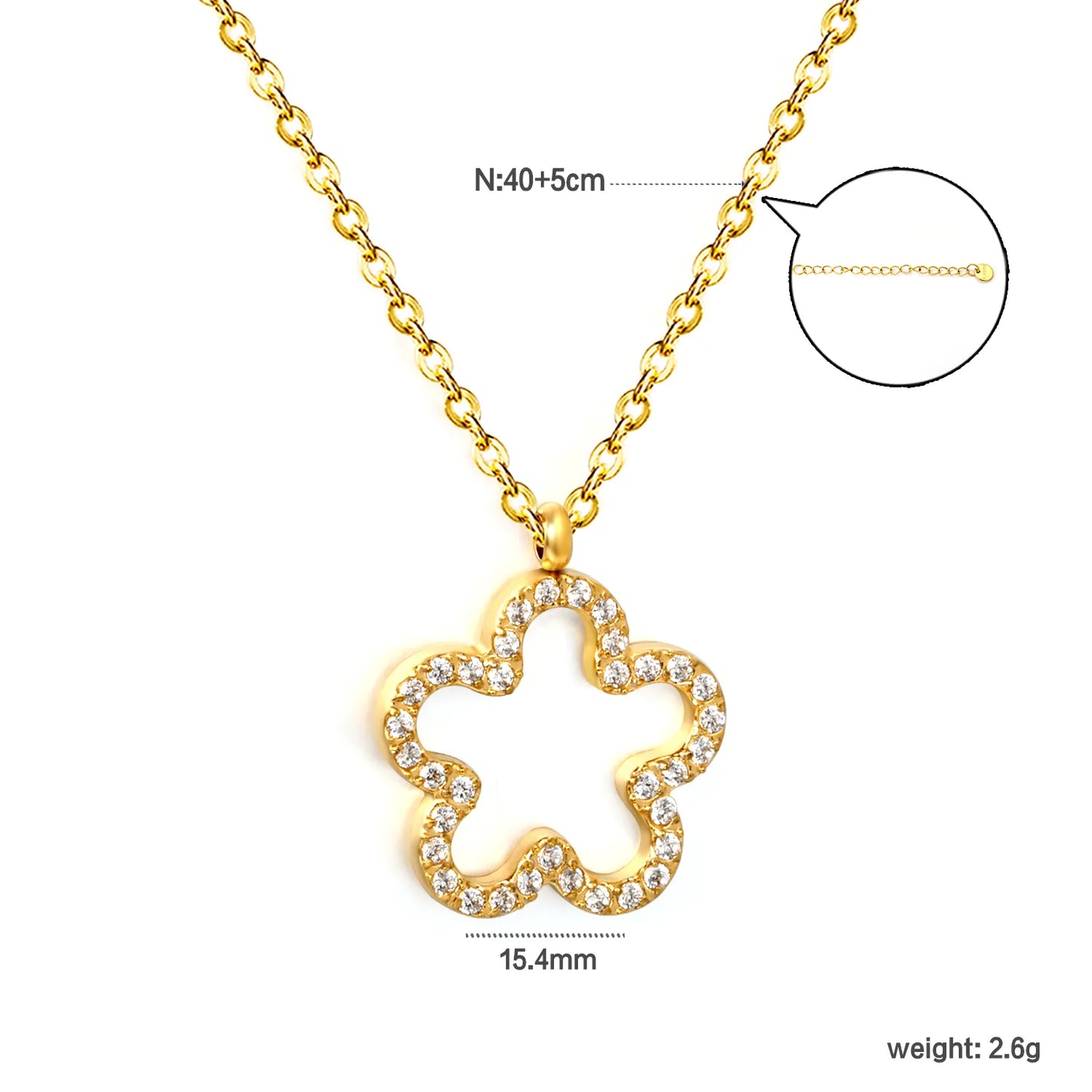 Hollow Pave CZ Four-Leaf Clover Pendant Necklace | 18K Gold Plated Stainless Steel Necklace | Adjustable 40+5cm | 18K Gold Plated Stainless Steel | Wholesale MOQ 12