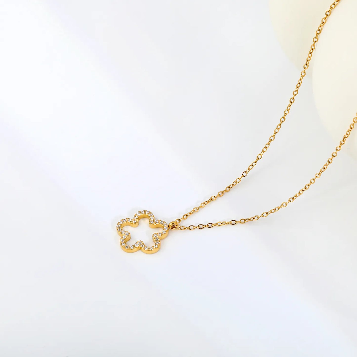 Hollow Pave CZ Four-Leaf Clover Pendant Necklace | 18K Gold Plated Stainless Steel Necklace | Adjustable 40+5cm | 18K Gold Plated Stainless Steel | Wholesale MOQ 12