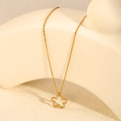 Hollow Pave CZ Four-Leaf Clover Pendant Necklace | 18K Gold Plated Stainless Steel Necklace | Adjustable 40+5cm | 18K Gold Plated Stainless Steel | Wholesale MOQ 12