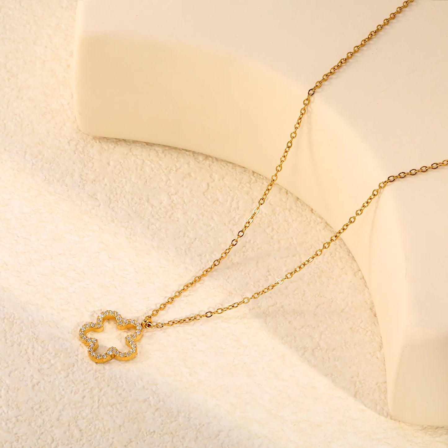 Hollow Pave CZ Four-Leaf Clover Pendant Necklace | 18K Gold Plated Stainless Steel Necklace | Adjustable 40+5cm | 18K Gold Plated Stainless Steel | Wholesale MOQ 12