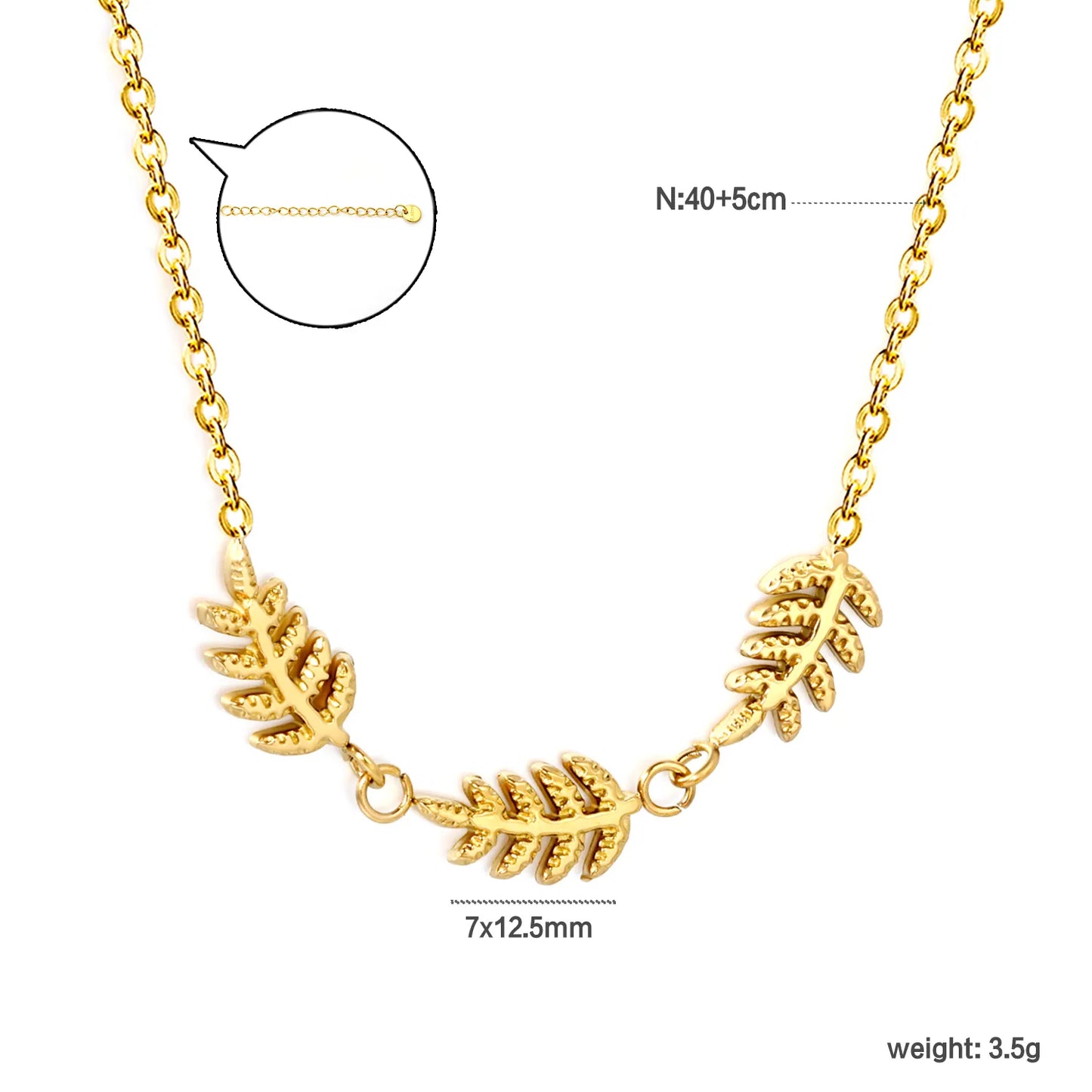 Textured Three Fern Leaf Bar Pendant Necklace | Adjustable 40+5cm | 18K Gold Plated Stainless Steel | Wholesale MOQ 12