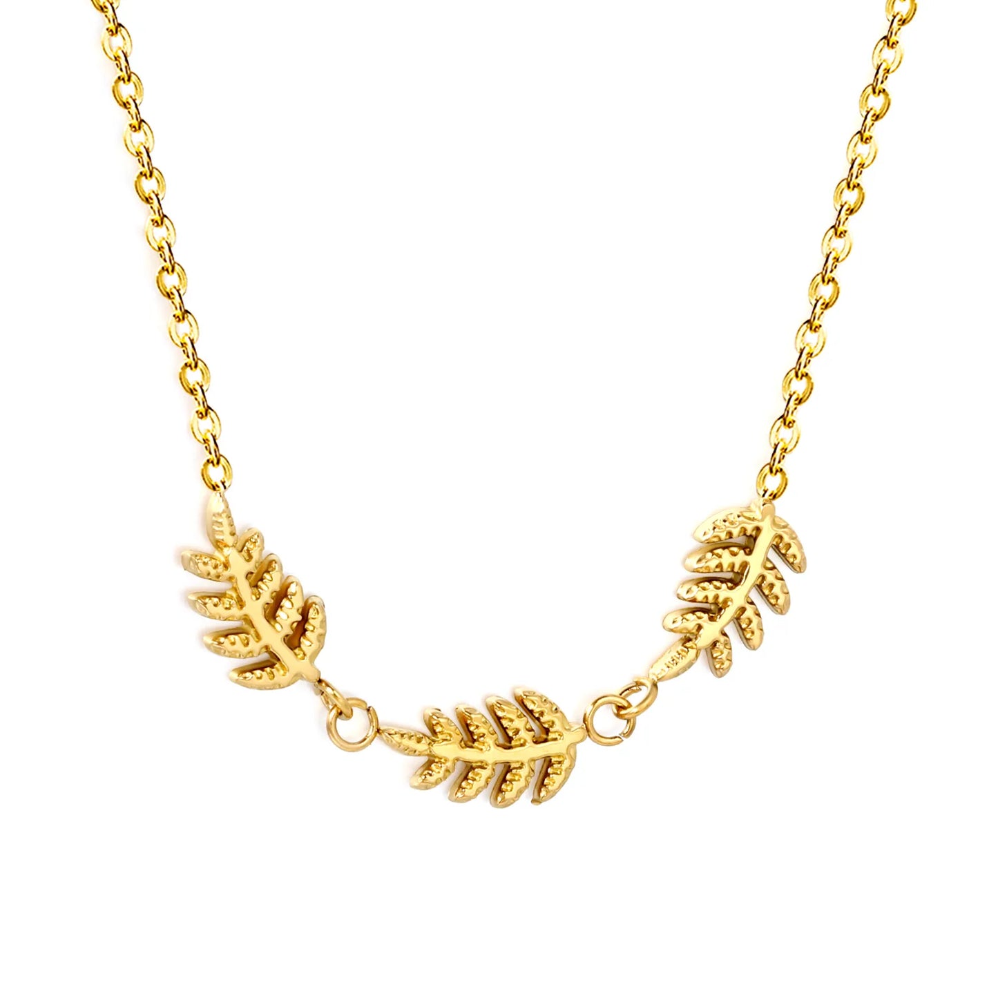 Textured Three Fern Leaf Bar Pendant Necklace | Adjustable 40+5cm | 18K Gold Plated Stainless Steel | Wholesale MOQ 12