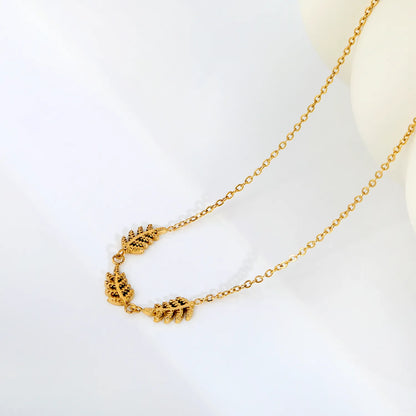 Textured Three Fern Leaf Bar Pendant Necklace | Adjustable 40+5cm | 18K Gold Plated Stainless Steel | Wholesale MOQ 12
