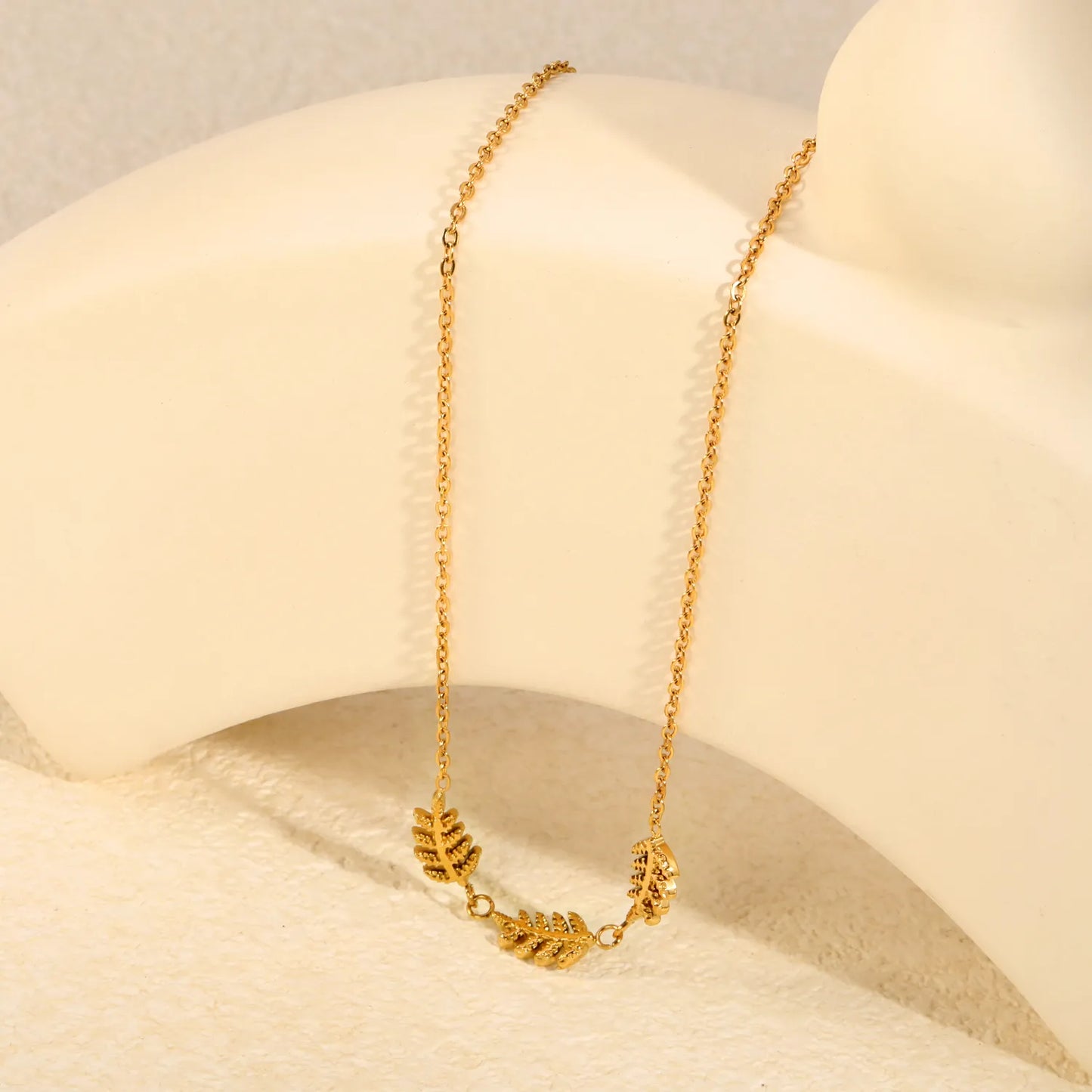 Textured Three Fern Leaf Bar Pendant Necklace | Adjustable 40+5cm | 18K Gold Plated Stainless Steel | Wholesale MOQ 12