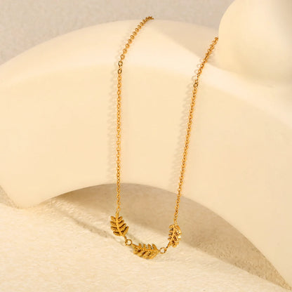 Textured Three Fern Leaf Bar Pendant Necklace | Adjustable 40+5cm | 18K Gold Plated Stainless Steel | Wholesale MOQ 12