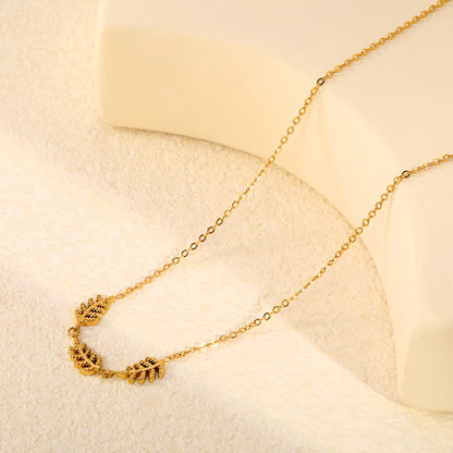 Textured Three Fern Leaf Bar Pendant Necklace | Adjustable 40+5cm | 18K Gold Plated Stainless Steel | Wholesale MOQ 12