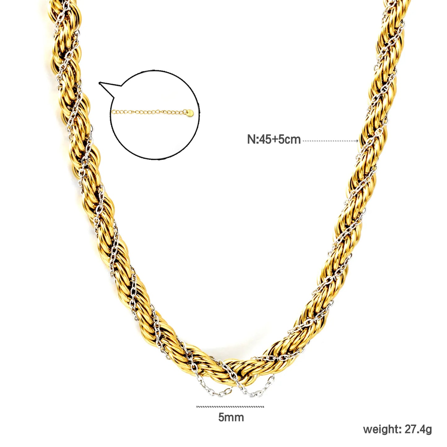 Two-Tone Double Layer Thick Rope Chain Choker Necklace | Adjustable Length 45+5cm | Mixed Silver Detail Twisted Rope Chain | Wholesale MOQ 12