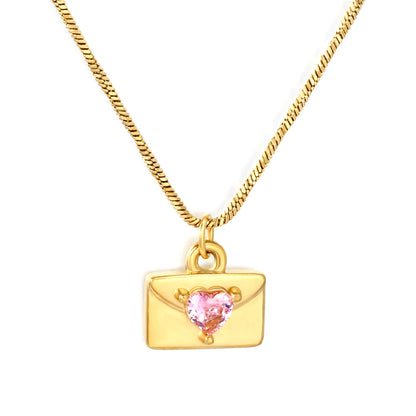 Pink Heart CZ Envelope Pendant Snake Chain Necklace | Adjustable 40+5cm | Wholesale MOQ 12