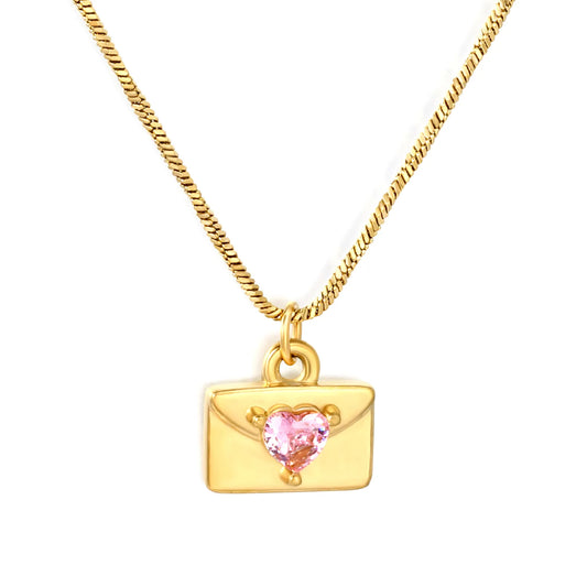 Pink Heart CZ Envelope Pendant Snake Chain Necklace | Adjustable 40+5cm | Wholesale MOQ 12