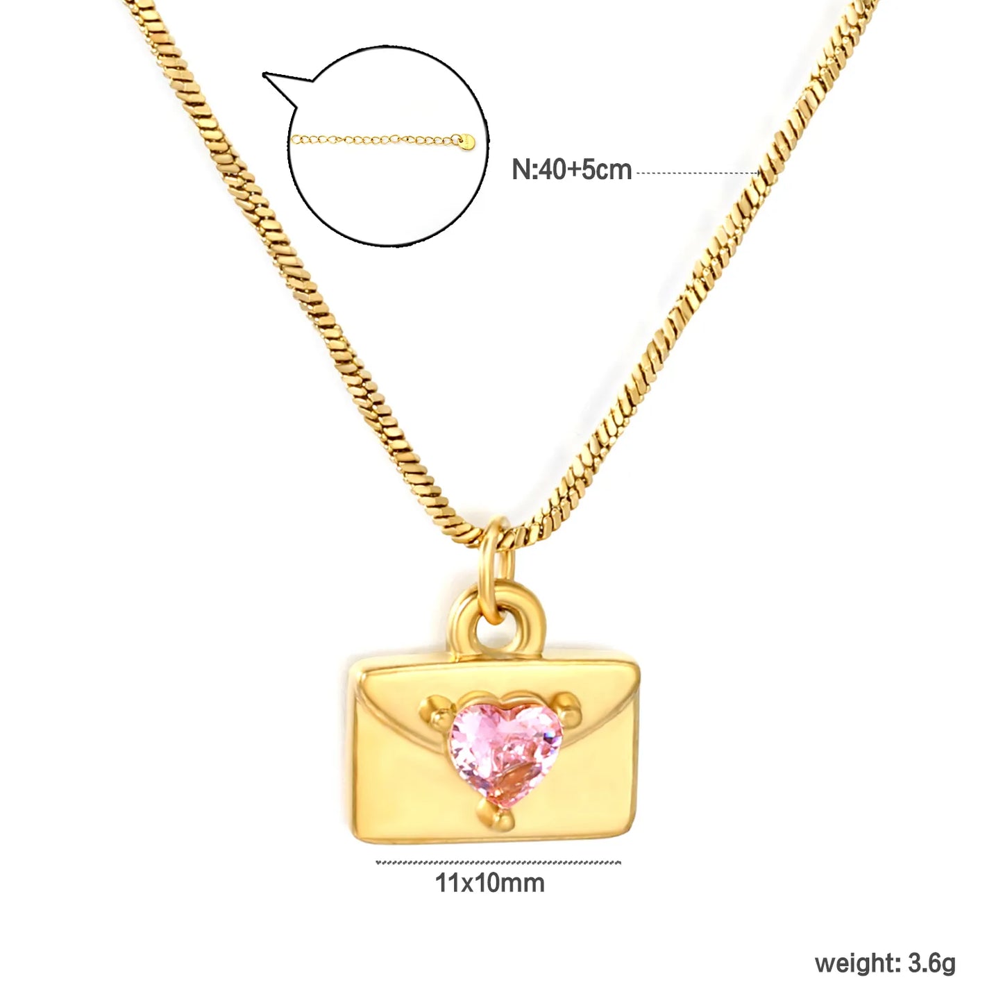 Pink Heart CZ Envelope Pendant Snake Chain Necklace | Adjustable 40+5cm | Wholesale MOQ 12