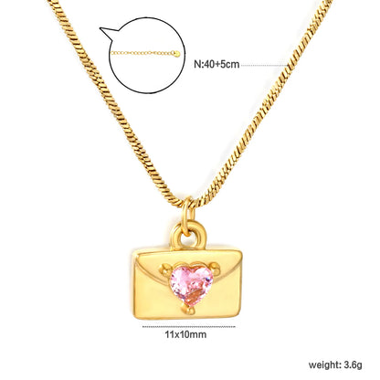 Pink Heart CZ Envelope Pendant Snake Chain Necklace | Adjustable 40+5cm | Wholesale MOQ 12