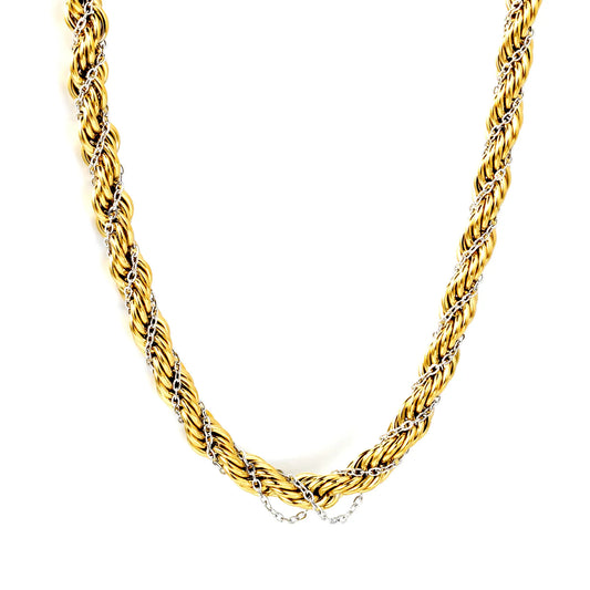 Two-Tone Double Layer Thick Rope Chain Choker Necklace | Adjustable Length 45+5cm | Mixed Silver Detail Twisted Rope Chain | Wholesale MOQ 12