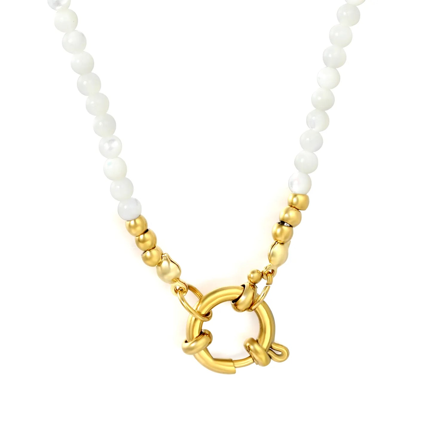 White Mother Of Pearl Bead Mixed Gold Ball Front Spring Ring Clasp Necklace | Wholesale MOQ 12