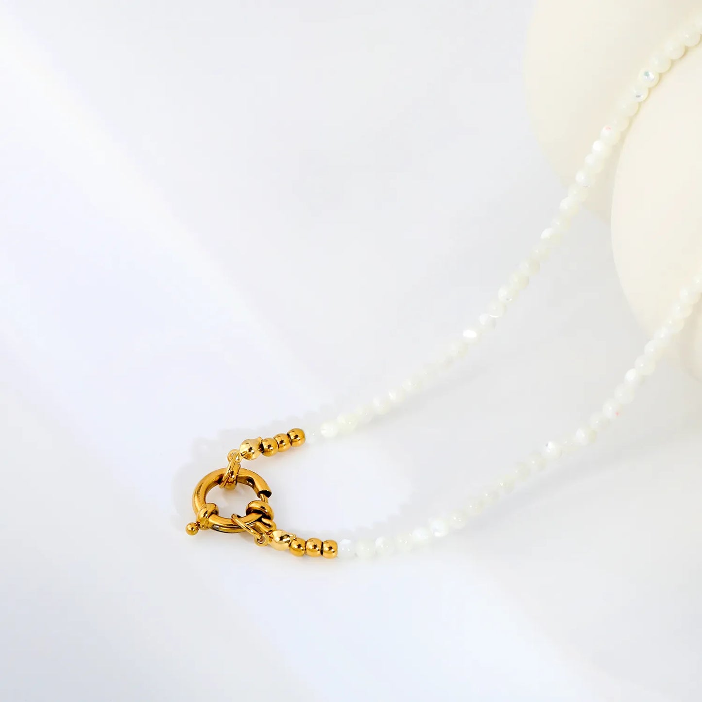 White Mother Of Pearl Bead Mixed Gold Ball Front Spring Ring Clasp Necklace | Wholesale MOQ 12