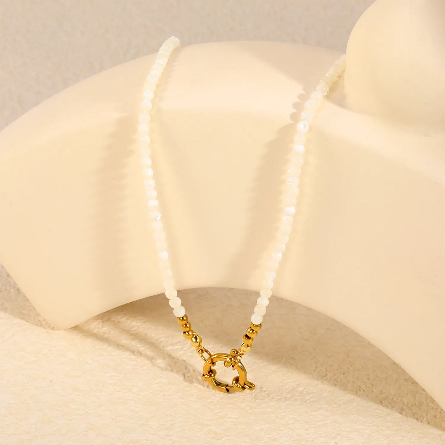 White Mother Of Pearl Bead Mixed Gold Ball Front Spring Ring Clasp Necklace | Wholesale MOQ 12