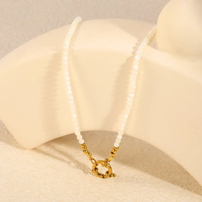 White Mother Of Pearl Bead Mixed Gold Ball Front Spring Ring Clasp Necklace | Wholesale MOQ 12